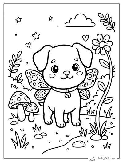 Kawaii puppy with butterfly wings, bell collar, mushrooms, daisy, stars, hearts, and a cloud in a meadow.