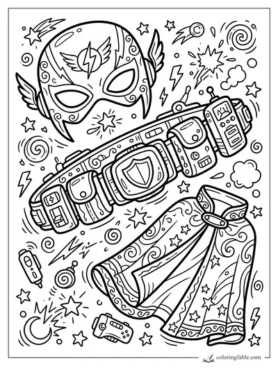 Doodle superhero mask, utility belt, and starry cape floating among comets, lightning bolts, and spirals