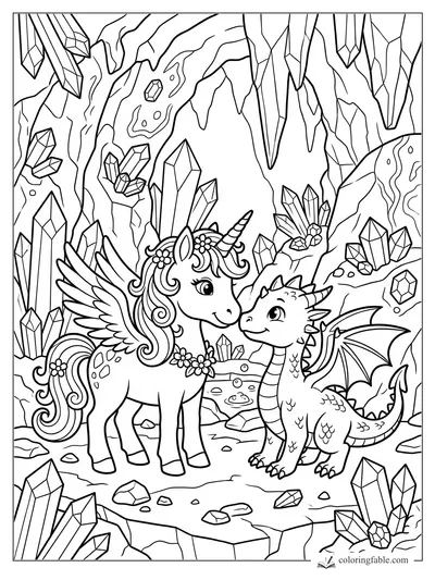 Cartoon winged unicorn with flower garlands meets a small dragon in a cave full of crystals.