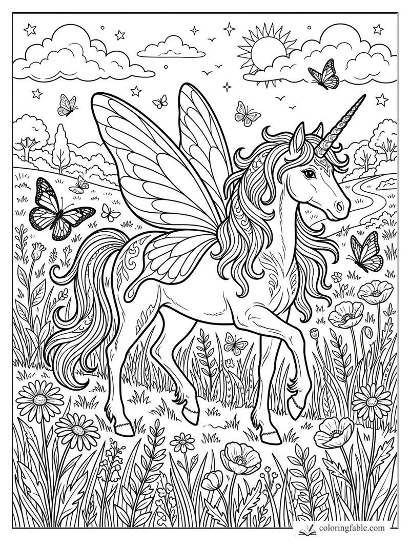 Winged unicorn with flowing mane, butterflies, wildflowers, clouds, stars, and a sun over a meadow
