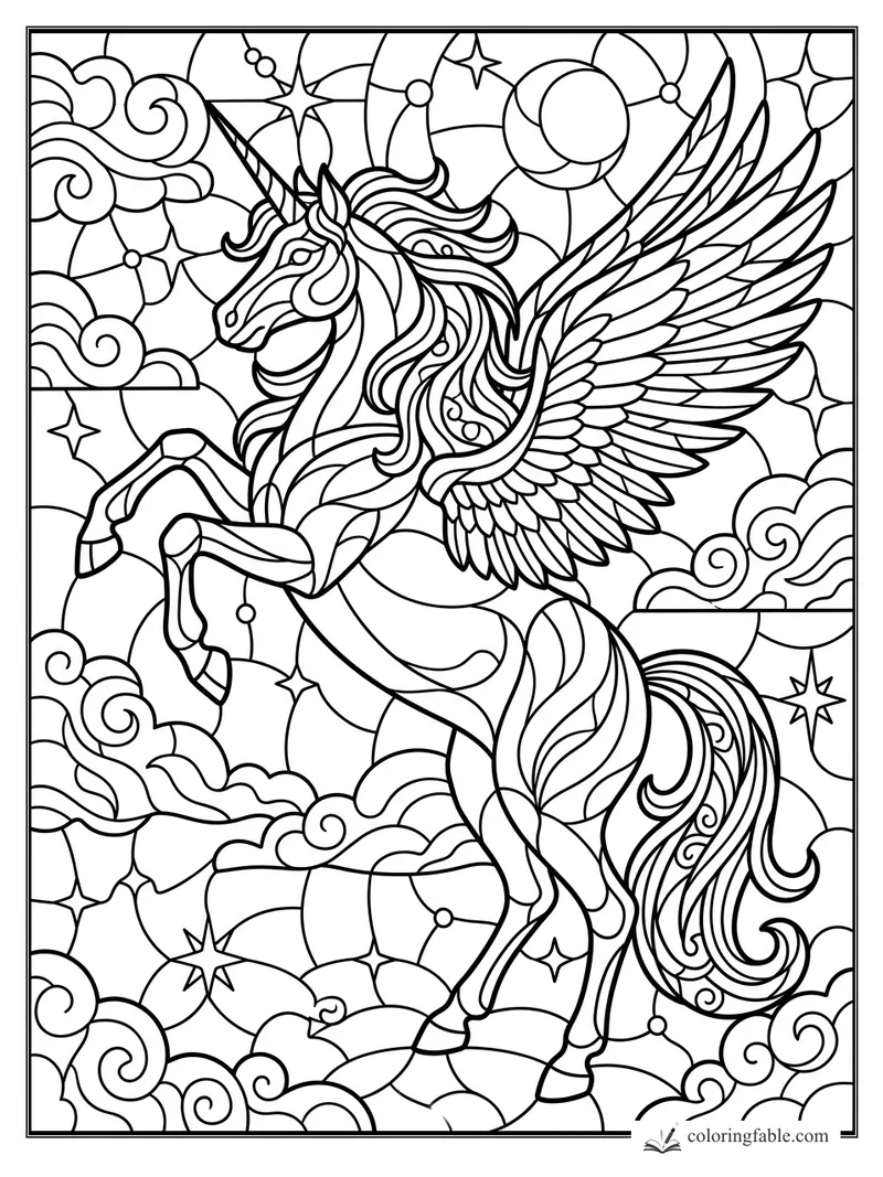 Intricate stained-glass winged unicorn rearing among clouds, stars, beads, and swirling mane