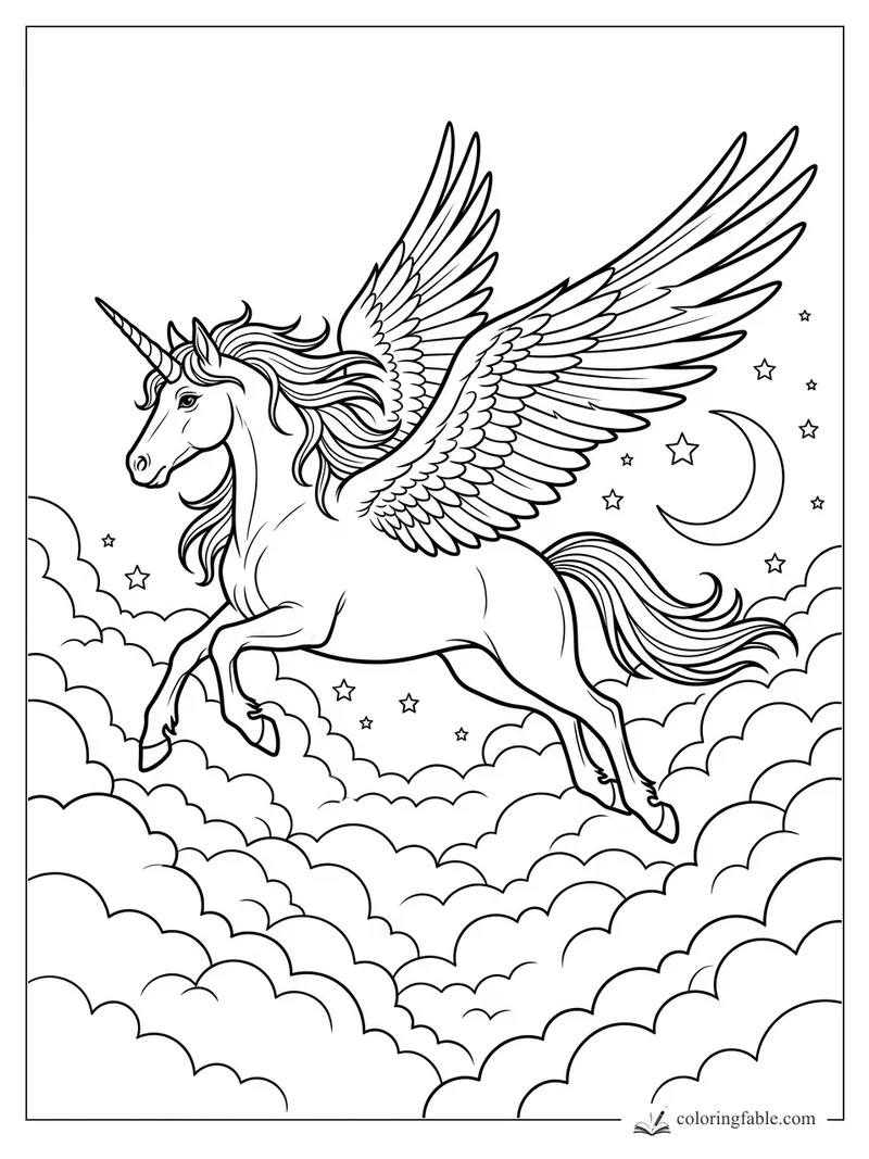 Winged unicorn flying over clouds with a crescent moon, stars, flowing mane, and wide feathered wings.