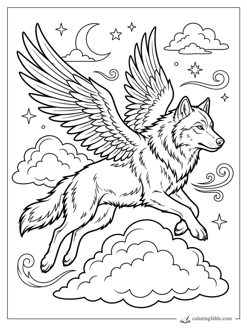 Winged wolf flying among clouds, stars, curled wind, and a crescent moon coloring page