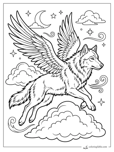 Winged wolf flying among clouds, stars, curled wind, and a crescent moon coloring page