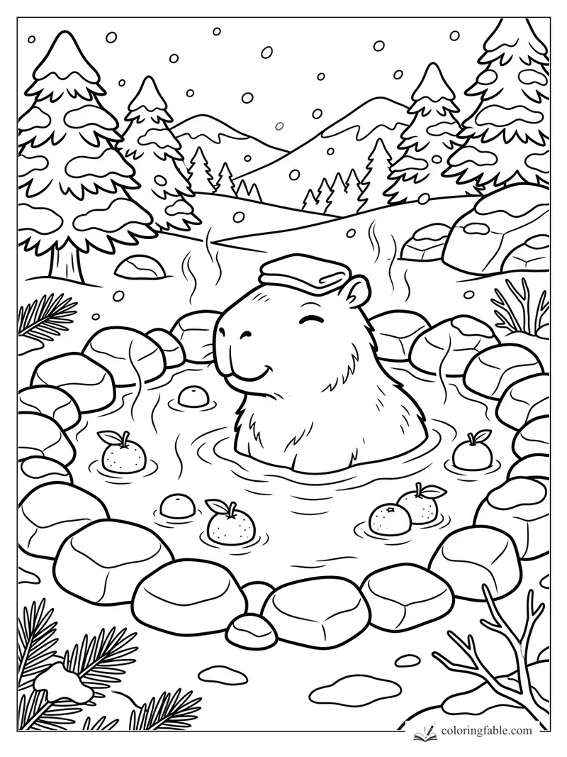 Cartoon capybara winking in a rocky hot spring with floating oranges, snowy pines, and mountains.