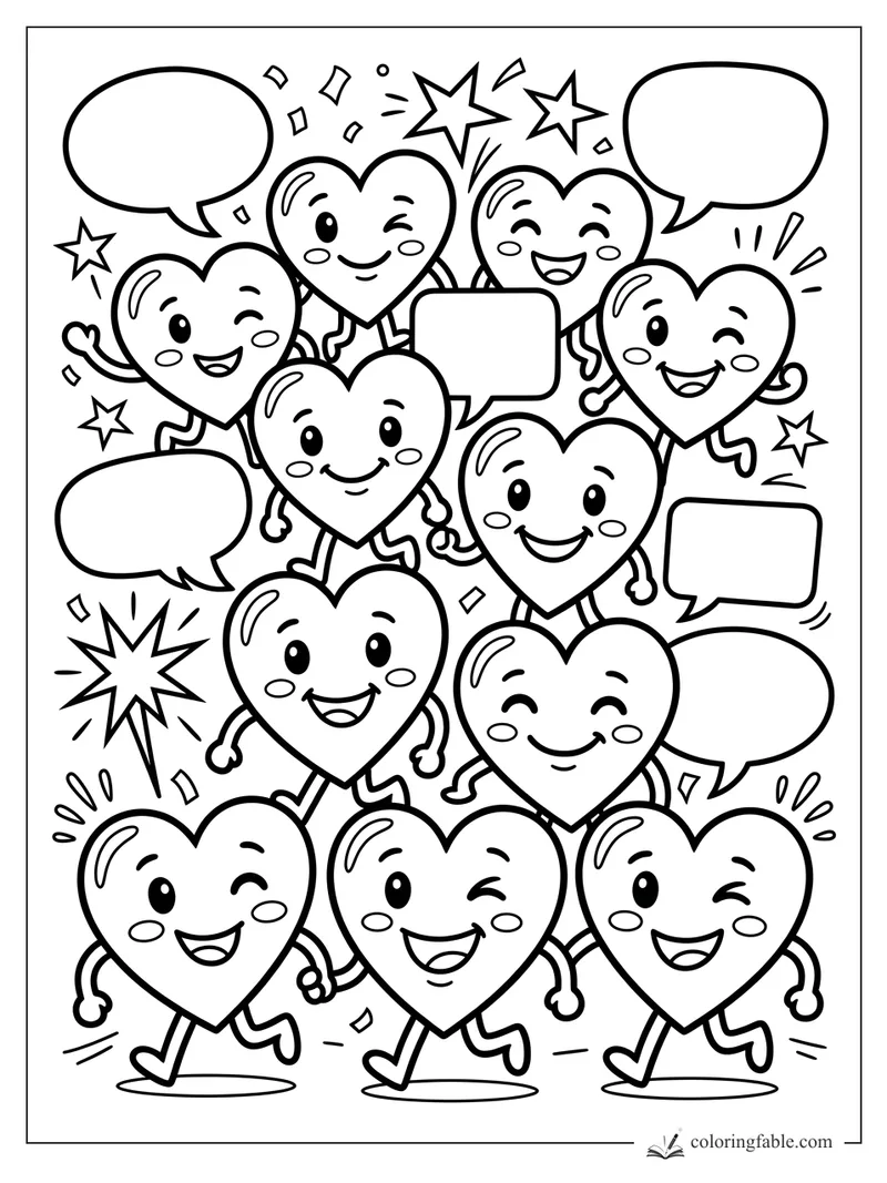 Pop-art coloring page of winking heart characters with speech bubbles, stars, and confetti.
