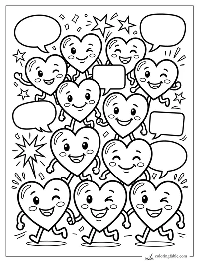 Pop-art coloring page of winking heart characters with speech bubbles, stars, and confetti.