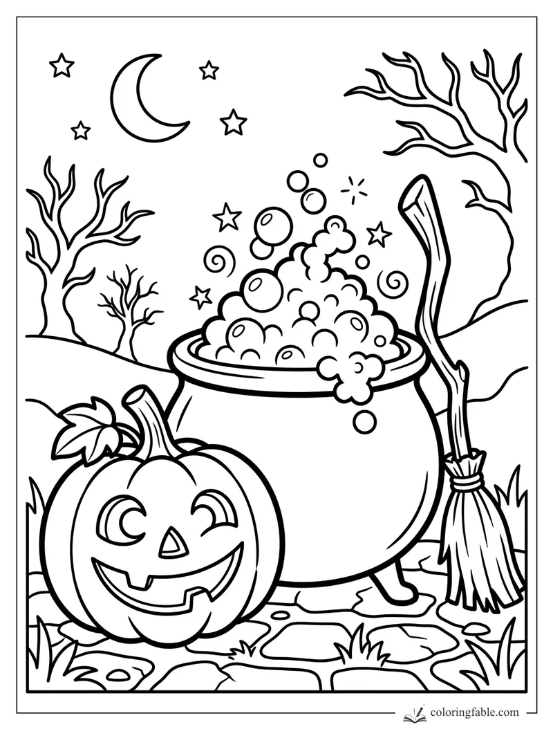 Winking jack-o’-lantern beside a bubbling cauldron, broom, crescent moon, stars, and bare trees.