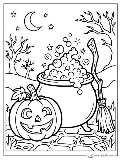 Winking jack-o’-lantern beside a bubbling cauldron, broom, crescent moon, stars, and bare trees.