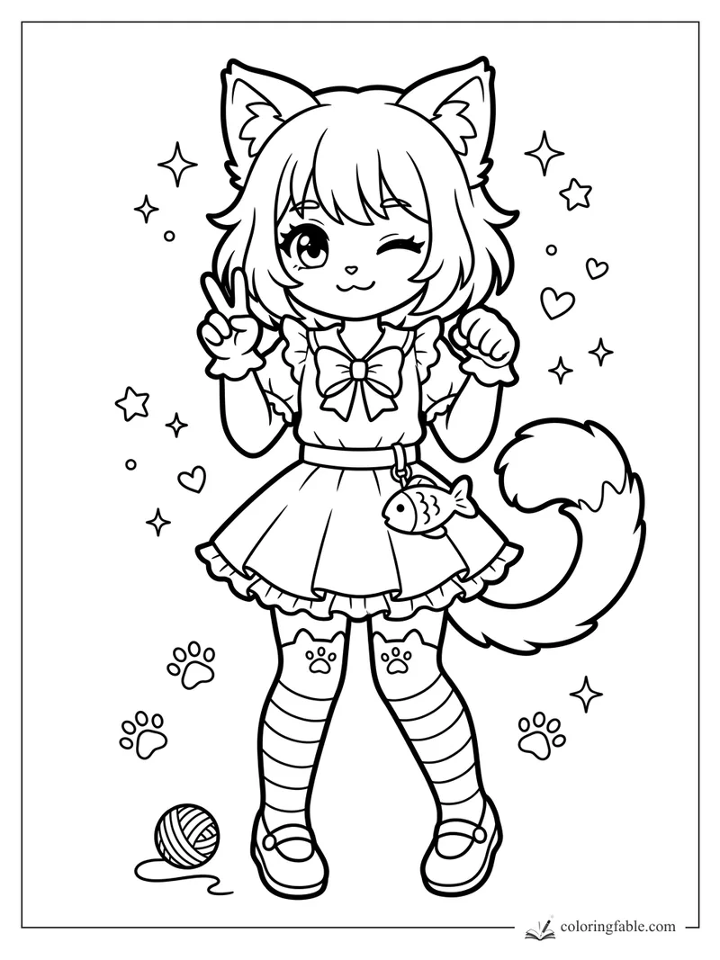 Kawaii anime cat girl winking, making a peace sign, with stars, hearts, paw prints, fish charm, and yarn ball.