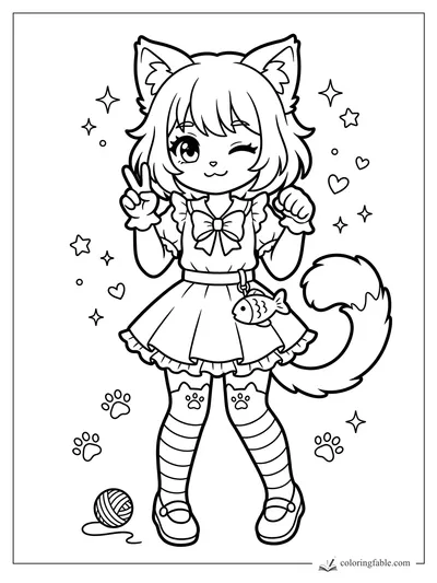 Kawaii anime cat girl winking, making a peace sign, with stars, hearts, paw prints, fish charm, and yarn ball.