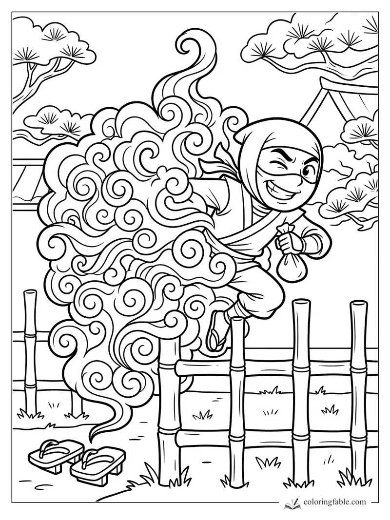 Cartoon ninja winks while jumping a bamboo fence with swirling smoke, sandals, pine trees, and a shrine gate.