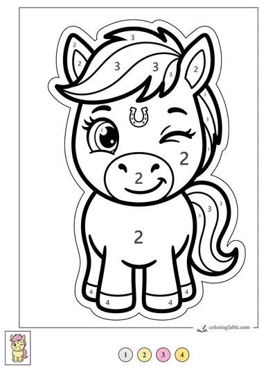 Winking Pony with a Tiny Horseshoe — color by number