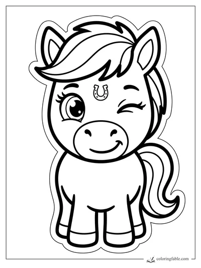 Sticker-style winking pony with swoopy mane, curled tail, and tiny horseshoe on its forehead.