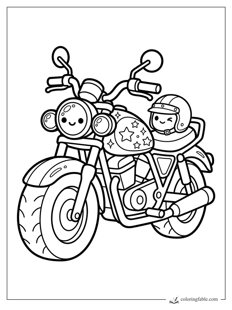 Kawaii motorcycle with smiling headlight, star decals, round mirrors, and a winking helmeted rider.