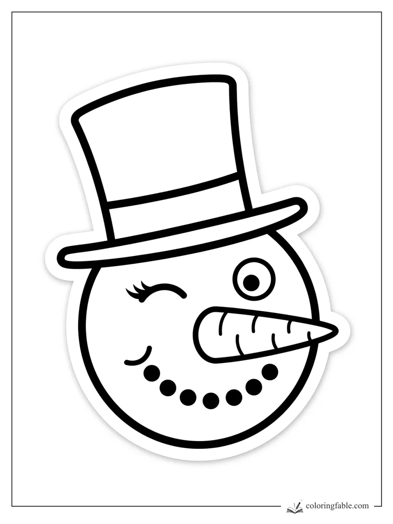Winking snowman sticker with tall top hat, carrot nose, coal smile, and one round eye