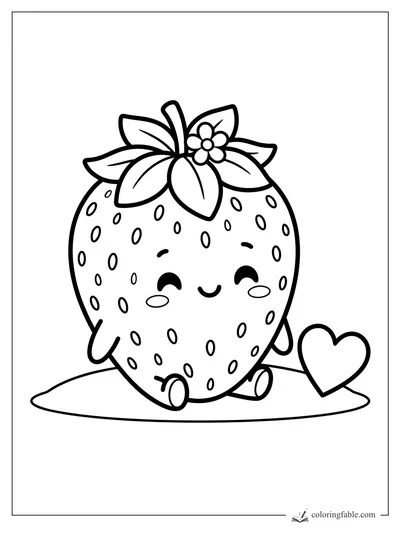Kawaii strawberry sitting with leafy flower crown, oval seeds, tiny feet, blush cheeks, and a heart beside it.