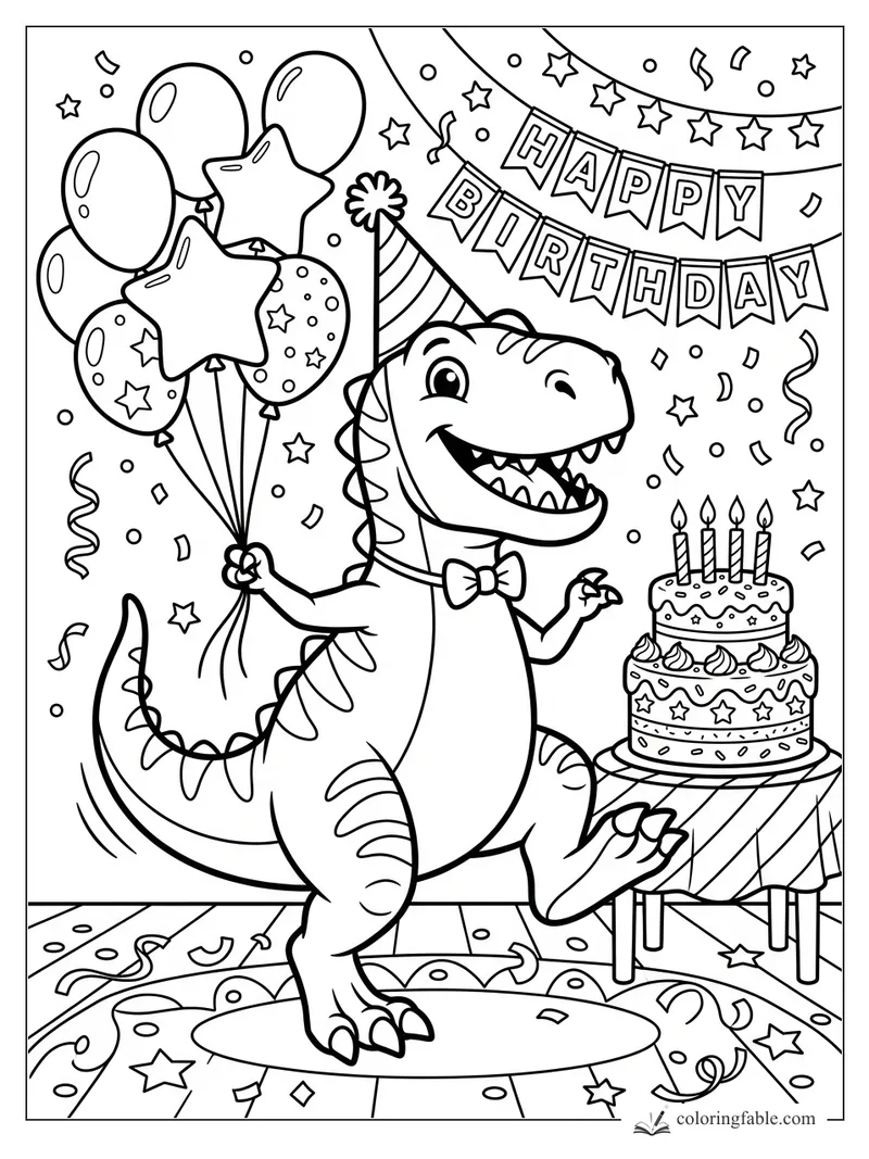 Cartoon T. rex winking with balloons, party hat, cake, confetti, and Happy Birthday banner