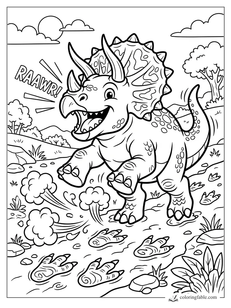 Cartoon triceratops winks and roars while stomping through muddy tracks with dust clouds and hills.