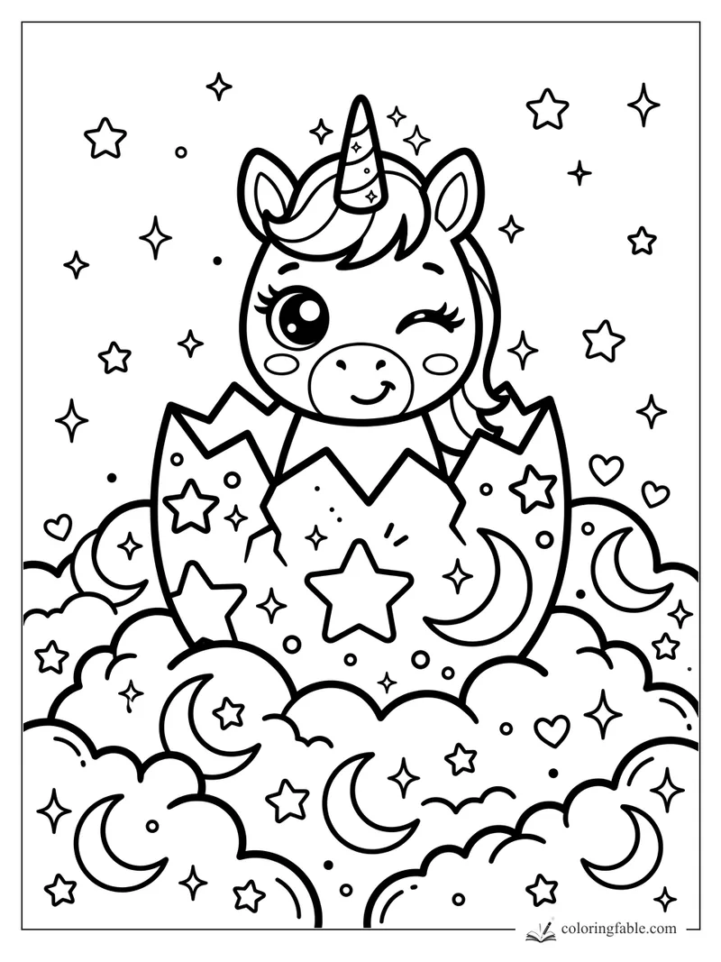 Kawaii unicorn winking from a cracked egg among clouds, stars, crescent moons, and hearts.