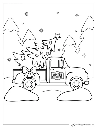Vintage pickup labeled Winter Deliveries carrying Christmas trees with bows, stars, and snowy pines.