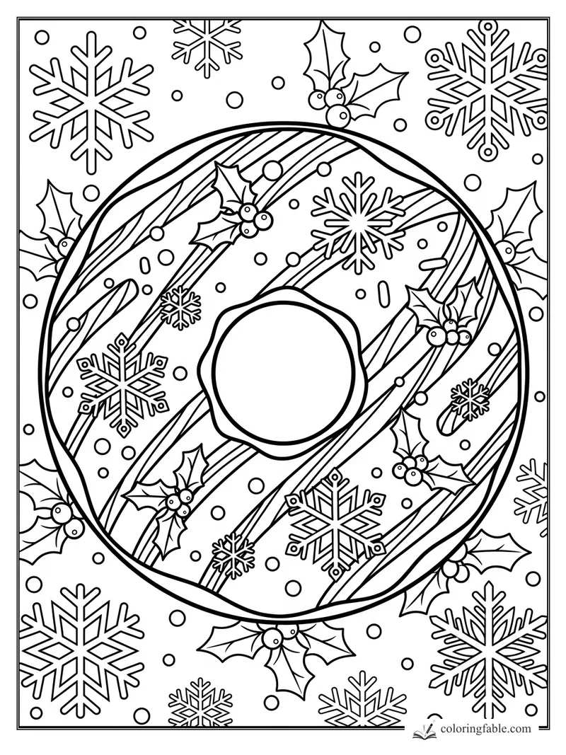 Large frosted donut with diagonal stripes, holly berries, sprinkles, and snowflakes to color