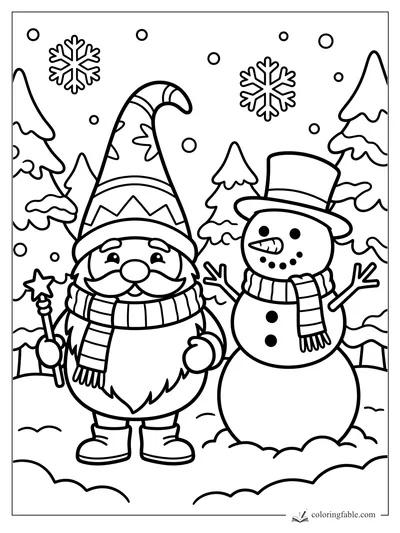 Easy coloring page of a winter gnome holding a star wand beside a snowman, pine trees, and snowflakes.