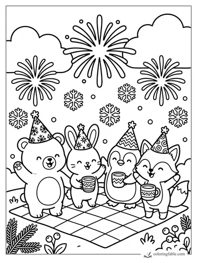 Bear, bunny, penguin, and fox in party hats with mugs under fireworks and snowflakes
