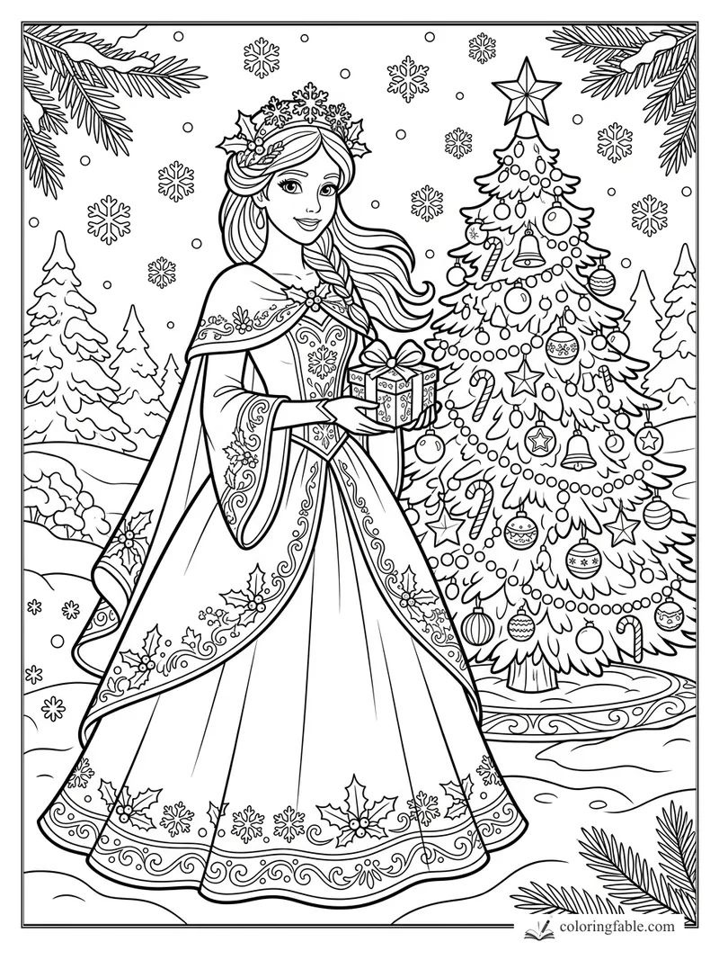 Winter princess holding a wrapped gift beside a decorated Christmas tree in falling snow