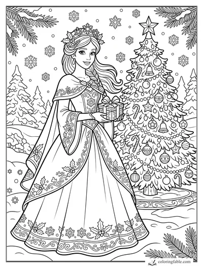 Winter princess holding a wrapped gift beside a decorated Christmas tree in falling snow