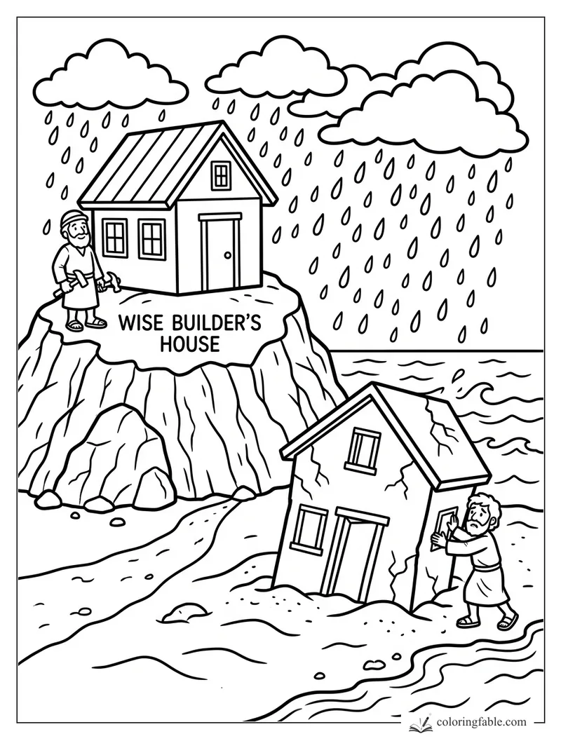 Wise builder’s house on a rocky cliff above rain and waves, with a cracked house sinking in sand.