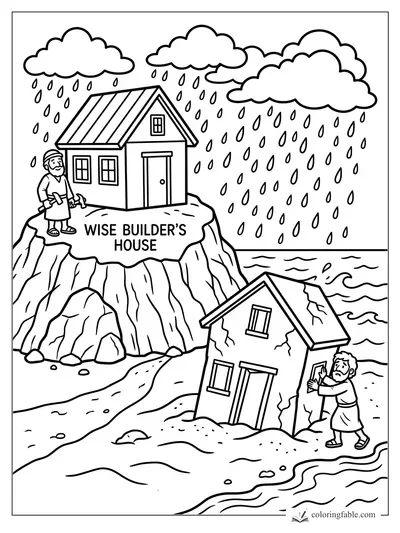 Wise builder’s house on a rocky cliff above rain and waves, with a cracked house sinking in sand.