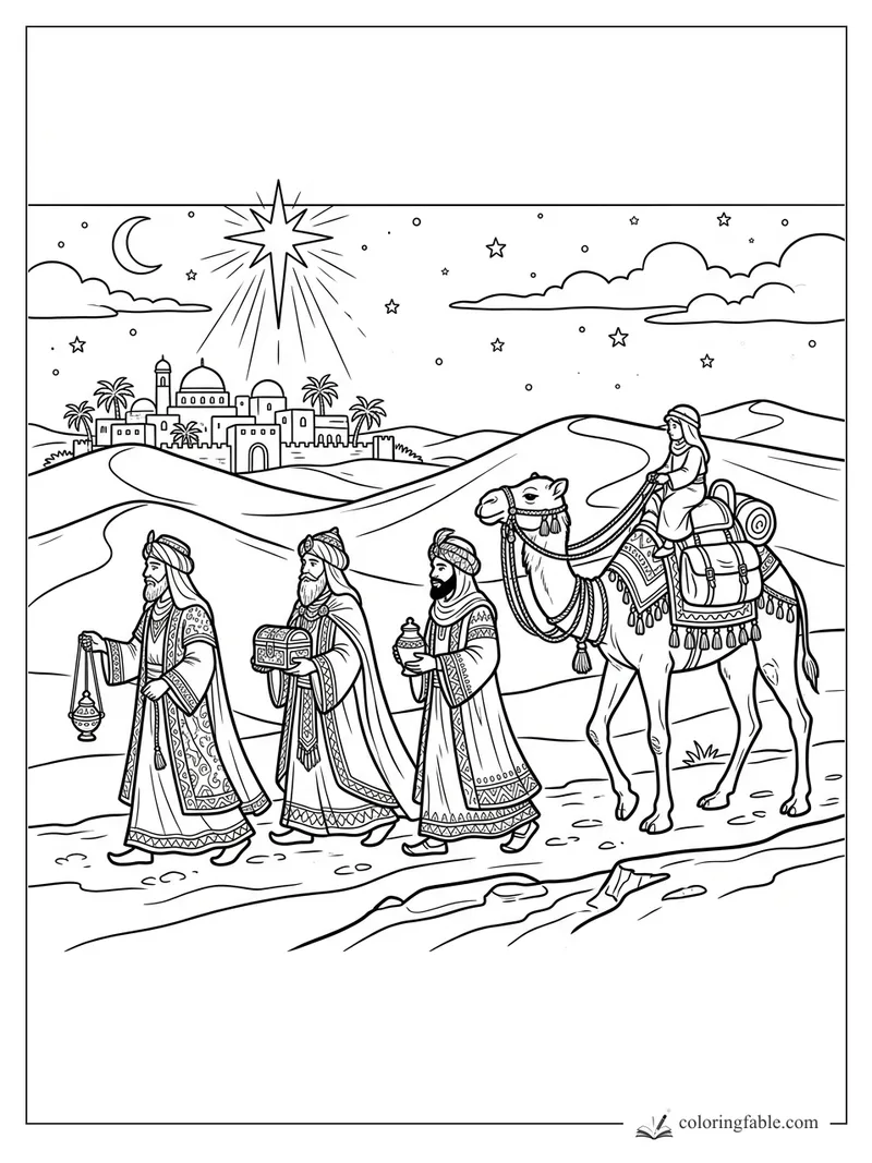 Three wise men with gifts, a camel rider, and the Christmas star over a desert town