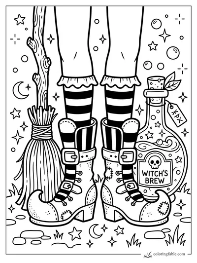 Witch legs in striped socks with buckle boots beside a broom and Witch’s Brew bottle.