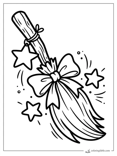 Easy witch broom coloring page with a large bow, hanging star charm, sparkles, and three bold stars.