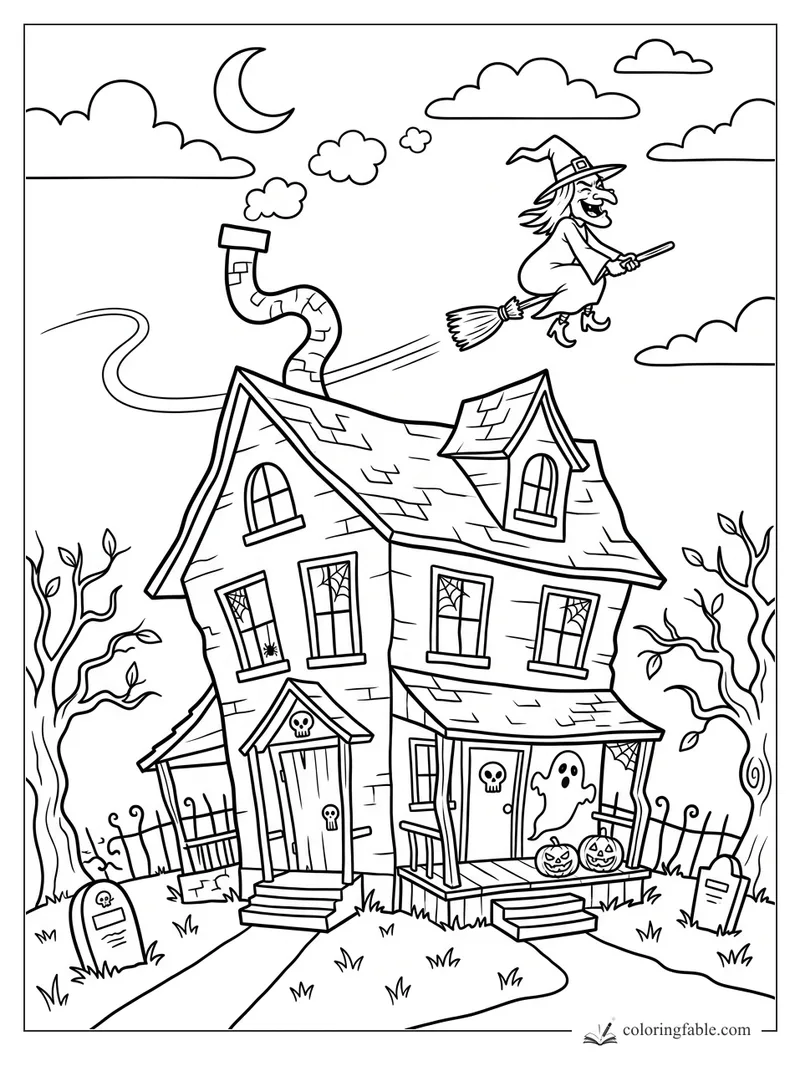 Cartoon witch flying over a crooked haunted house with ghosts, pumpkins, graves, bare trees, and crescent moon.