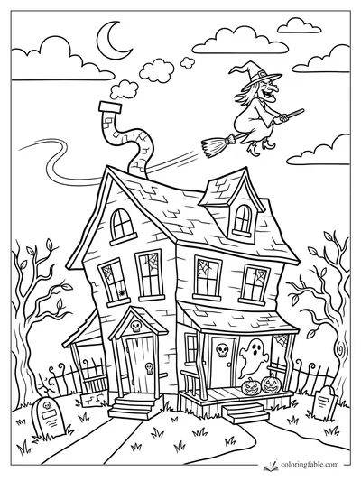 Cartoon witch flying over a crooked haunted house with ghosts, pumpkins, graves, bare trees, and crescent moon.