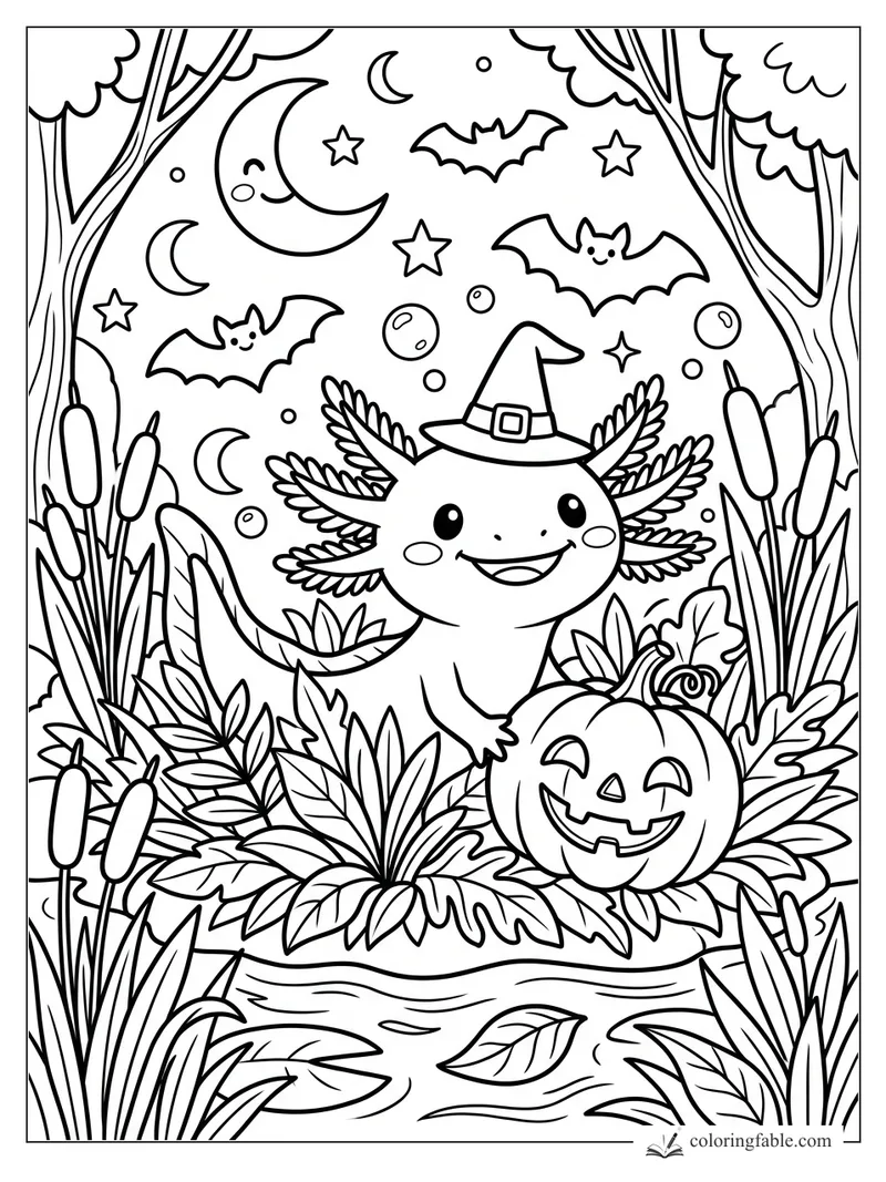 Cartoon axolotl in a witch hat beside a jack-o’-lantern, bats, stars, cattails, and a smiling moon.