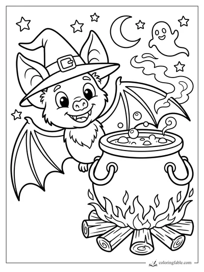 Cartoon bat in a witch hat stirring a bubbling cauldron under a moon, stars, and smiling ghost
