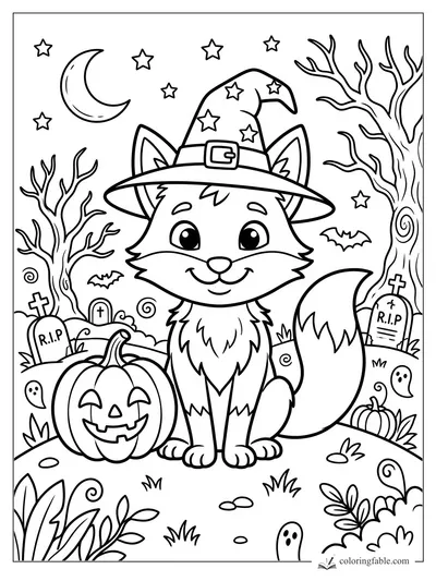 Cartoon fox in a starry witch hat beside a jack-o'-lantern, ghosts, bats, tombstones, moon, and bare trees.
