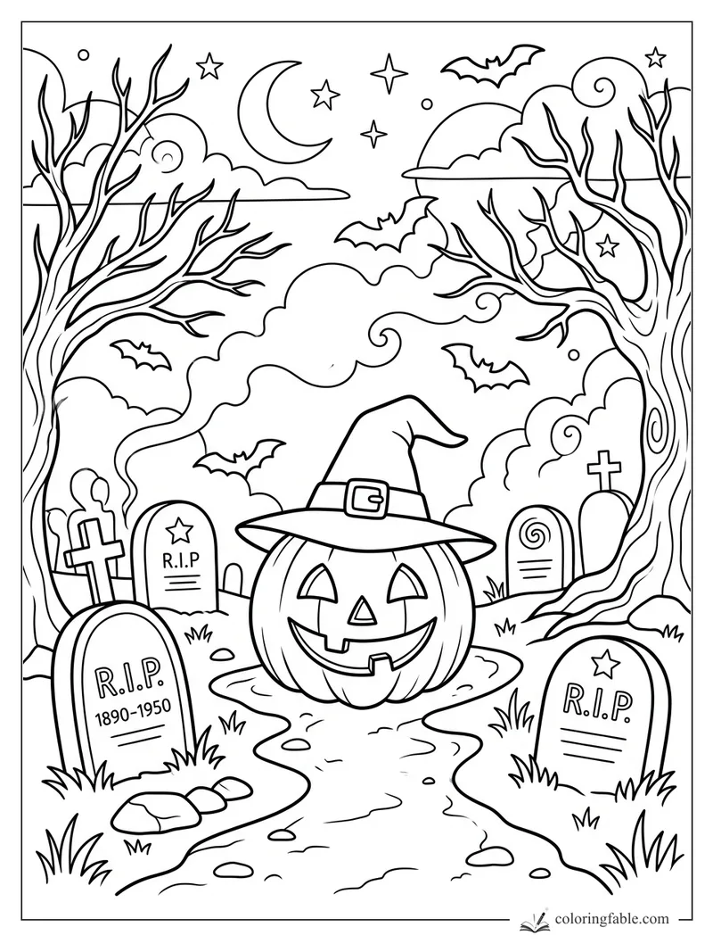 Jack-o’-lantern in a witch hat on a winding graveyard path with bats, bare trees, moon, stars, and RIP stones.