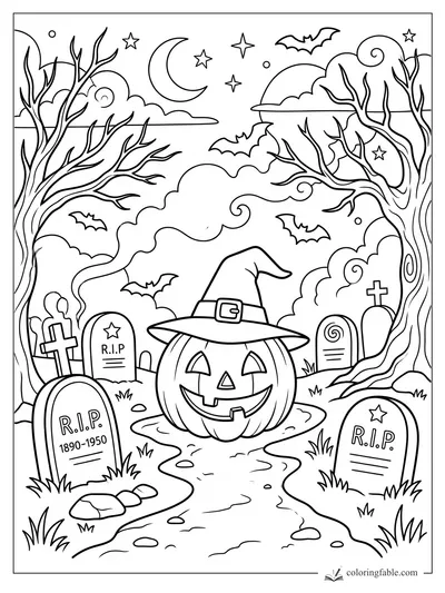 Jack-o’-lantern in a witch hat on a winding graveyard path with bats, bare trees, moon, stars, and RIP stones.