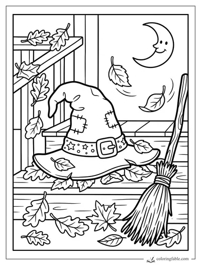 Cartoon witch hat and broom on a leaf-covered porch under a smiling crescent moon