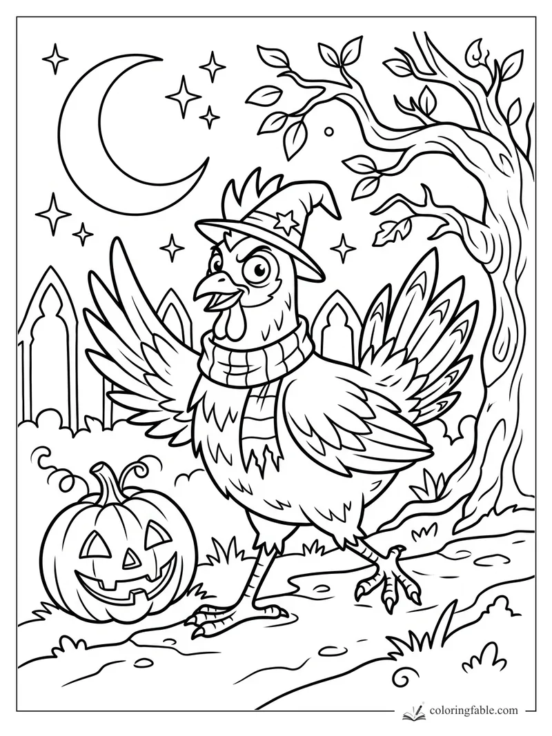 Gothic rooster in a witch hat and scarf beside a jack-o’-lantern, crescent moon, stars, fence, and twisted tree.