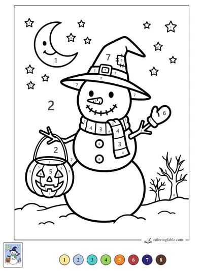 Witch-Hat Snowman with Pumpkin Pail — color by number