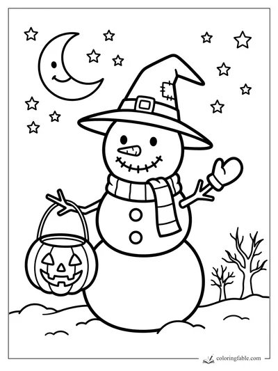 Smiling snowman in a witch hat holding a mitten up beside a jack-o'-lantern pail, moon, and stars.