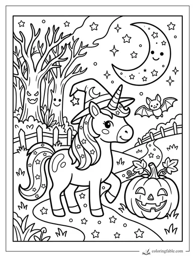 Cartoon unicorn in a witch hat by a jack-o’-lantern, bats, spooky trees, crescent moon, and stars.