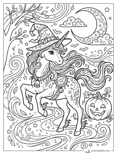 Manga unicorn in a witch hat with bats, jack-o'-lantern, swirling leaves, stars, and crescent moon