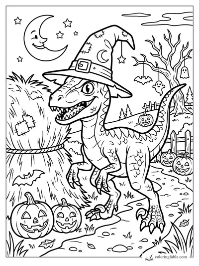 Cartoon velociraptor in a patched witch hat among jack-o'-lanterns, bats, ghosts, moon, and haystack