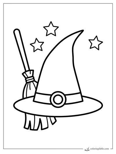 Easy Halloween coloring page of a tall witch hat, broom, belt buckle, and three stars